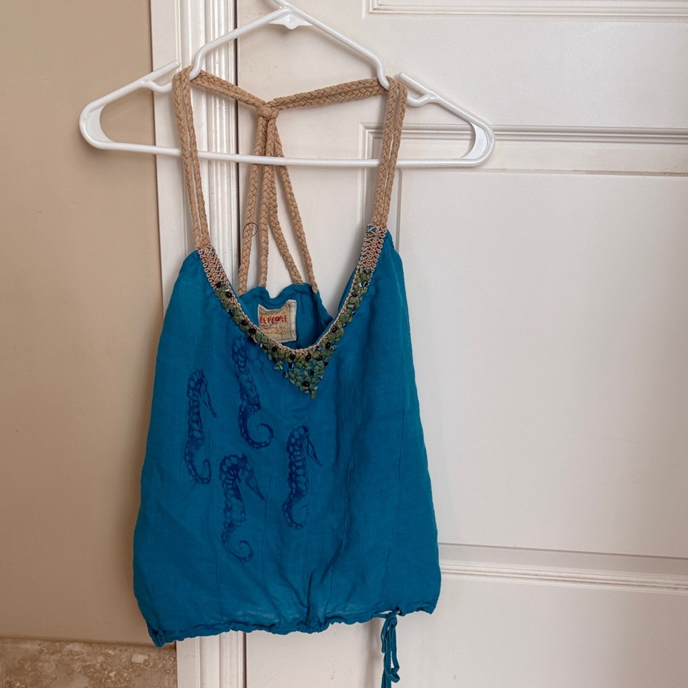 Free People Blue and Tan Embroidered Top